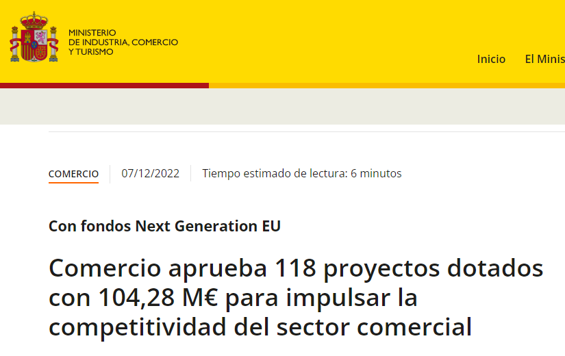 Comercio aprueba 118 proyectos dotados con 104,28 M€ para impulsar la competitividad del sector comercial
