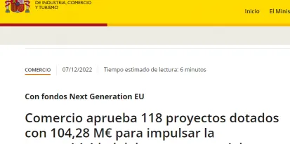 Comercio aprueba 118 proyectos dotados con 104,28 M€ para impulsar la competitividad del sector comercial